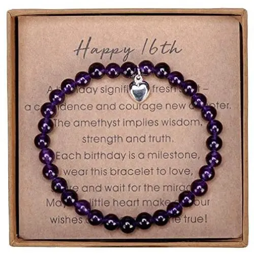 Gifts for 16 Year Old Girl Amethyst Bead Bracelet with Sterling Silver Heart Charm Sweet 16 Gifts for Girls with Card and Gift Box Gifts for 16 Year Old Girl Amethyst Bead Bracelet with Sterling Silver Heart Charm Sweet 16 Gifts for Girls with Card and Gift Box