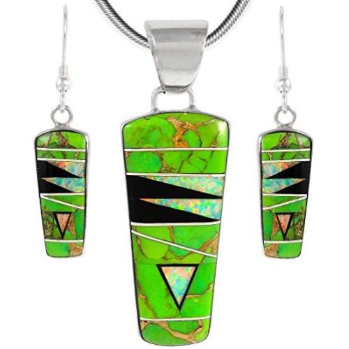 925 Sterling Silver Matching Pendant & Earrings Set with Genuine Turquoise & Gemstones 20'' Necklace