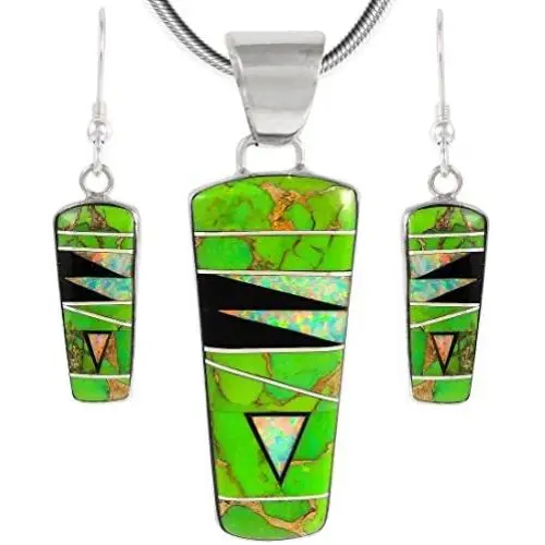 925 Sterling Silver Matching Pendant & Earrings Set with Genuine Turquoise & Gemstones 20'' Necklace