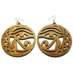 Egyptian Wooden Engraved Eye of Horus Goddess Round Circle Fashion Jewelry Drop Dangle Earrings