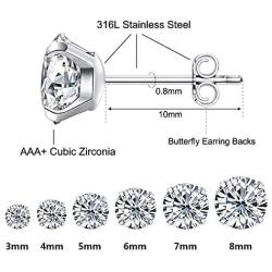 6 Pairs Stud Earrings Set, Hypoallergenic Cubic Zirconia Earrings 316L Stainless Steel CZ Earrings 3-8mm