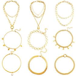 Hicarer 9 Pieces Gold Chain Necklace Sets Gold Layered Chain Necklace Boho Pendant Choker Paperclip Lock Coin Chunky Link Chain Jewelry for Women Girls