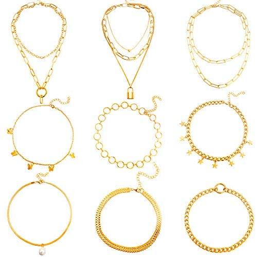 Hicarer 9 Pieces Gold Chain Necklace Sets Gold Layered Chain Necklace Boho Pendant Choker Paperclip Lock Coin Chunky Link Chain Jewelry for Women Girls