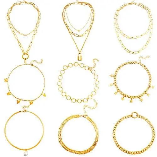 Hicarer 9 Pieces Gold Chain Necklace Sets Gold Layered Chain Necklace Boho Pendant Choker Paperclip Lock Coin Chunky Link Chain Jewelry for Women Girls Hicarer 9 Pieces Gold Chain Necklace Sets Gold Layered Chain Necklace Boho Pendant Choker Paperclip Lock Coin Chunky Link Chain Jewelry for Women Girls