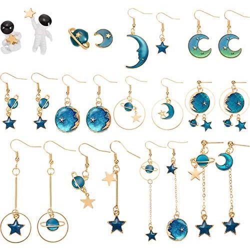 12 Pairs Moon Star Earrings Dangle Earth Planet Asymmetrical Drop Earrings Astronaut Stud Earrings Jewelry for Women Girls