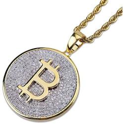 Moca Jewelry Hip Hop Iced Out Bling Personality Bitcoin Pendant 18K Gold Plated Chain Necklace for Men Women