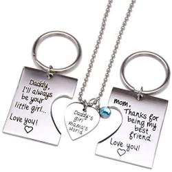 O.RIYA Daddys Girl Mommys World 3 Piece Keychain Pendant Necklace Set, Gift for Daughter, Mommys Little Girl, Mums Dad Necklaces Stainless Steel