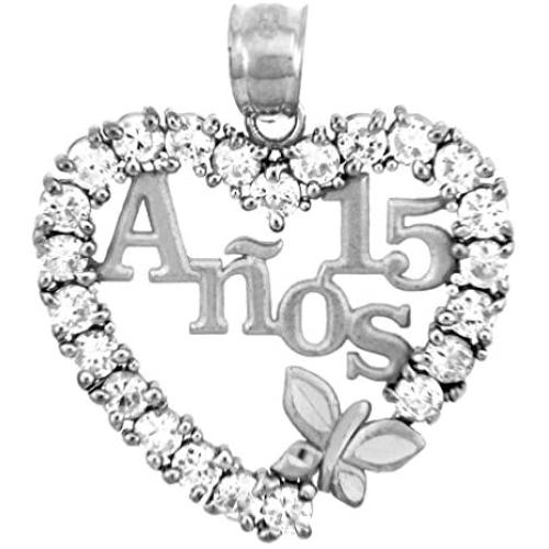 Sterling Silver Sweet 15 Anos Quinceanera Pendant with Cubic Zirconia Heart with Butterfly
