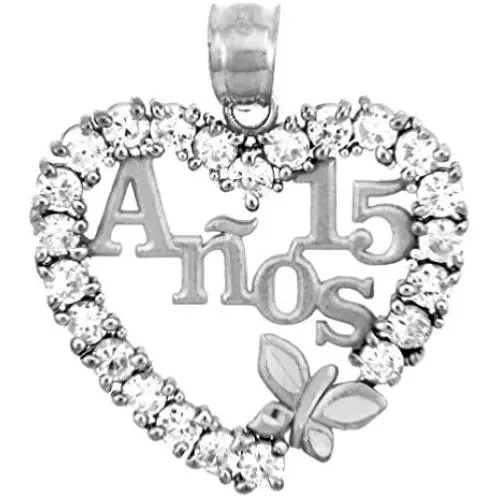 Sterling Silver Sweet 15 Anos Quinceanera Pendant with Cubic Zirconia Heart with Butterfly