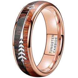 BestTungsten 6mm 8mm Silver/Black/Rose Gold Tungsten Rings for Men Women Wedding Bands Koa Wood Arrow Inlay Domed Plished Shiny Comfort Fit