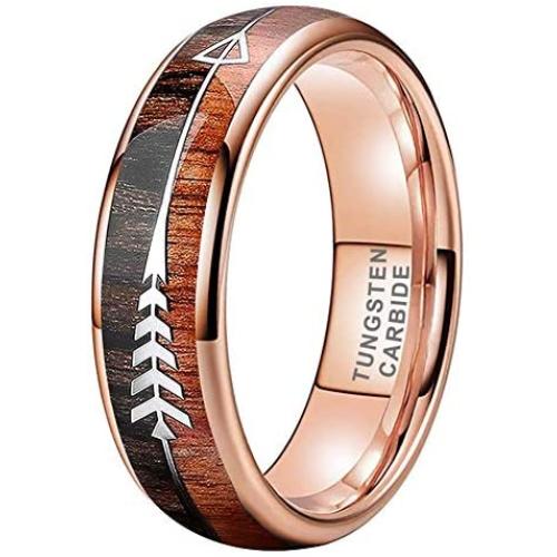 BestTungsten 6mm 8mm Silver/Black/Rose Gold Tungsten Rings for Men Women Wedding Bands Koa Wood Arrow Inlay Domed Plished Shiny Comfort Fit
