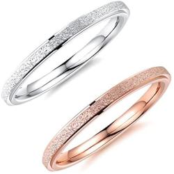 MgTree 2mm Rose Gold and Silver 2PCS a Set Stainless Steel Sand Blast Finish Engagement Rings for Women Girls, Sizes 4 to 10