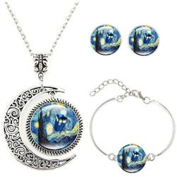 Moon Pendant Tardis Starry Night Necklace Van Gogh Jewelry Personalized Necklace Bracelet Earrings Jewelry Set