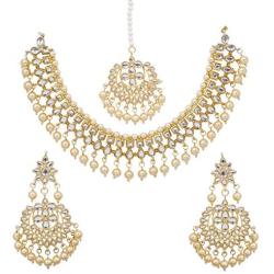 SANARA Indian Bollywood Golden Wedding Wear Faux Kundan Pearl Choker Necklace Set Ethnic Fashion Jewelry for Women