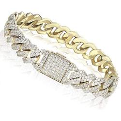 Luxfine 12mm Cuban Link Bracelet Hypoallergenic 14K REAL Gold Plated Iced Out Hip Hop Jewelry 5A+ Cubic Zirconia Prong-setting for Men Women Christmas Birthday Gift