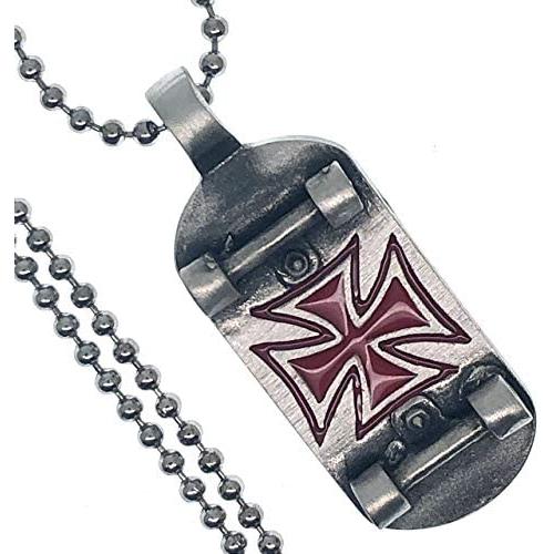 Tribal Jewelry Red German Knight of templar Cross Skateboard Skater X-Game Xtreme sport Surfer fashion Pewter Boys Unisex Mens Pendant Necklace Charm Protection Amulet for boys men silver ball chain