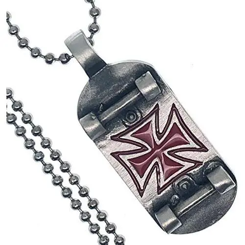 Tribal Jewelry Red German Knight of templar Cross Skateboard Skater X-Game Xtreme sport Surfer fashion Pewter Boys Unisex Mens Pendant Necklace Charm Protection Amulet for boys men silver ball chain