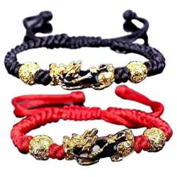 2Pcs/Set Enameled Feng Shui PiXiu Handwoven Bracelets Set Wealth Lucky Bracelets Strand Thread Cord Chains Red Black Handmade Braided Rope Bracelet for Protection for Women Girls Amulet Jewelry