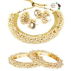 YouBella Jewelry Bollywood Ethnic Gold Plated Traditional Pearl Indian Necklace Set with Earrings and Bangles Combo for Women (Black)