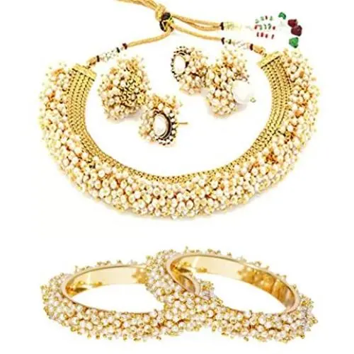 YouBella Jewelry Bollywood Ethnic Gold Plated Traditional Pearl Indian Necklace Set with Earrings and Bangles Combo for Women (Black)