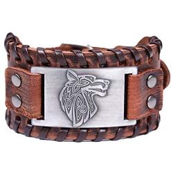 EUEAVAN Norse Viking Fenrir Teen Wolf Talisman Braided Wide Leather Wristband Bracelet