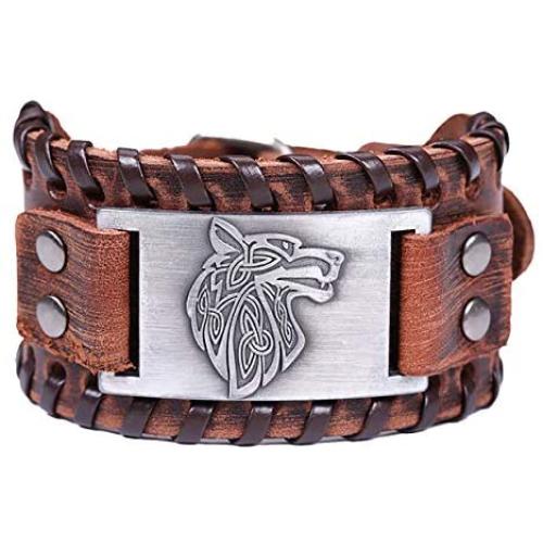 EUEAVAN Norse Viking Fenrir Teen Wolf Talisman Braided Wide Leather Wristband Bracelet