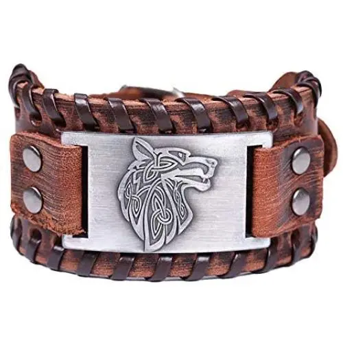 EUEAVAN Norse Viking Fenrir Teen Wolf Talisman Braided Wide Leather Wristband Bracelet