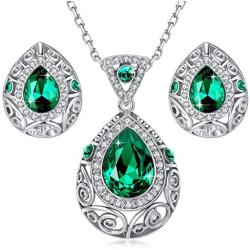 Leafael [Presented by Miss New York] Teardrop Filigree Vintage Style Jewelry Set Earrings Pendant Necklace Made with Premium Crystals, Silver-Tone, 18'' + 2'', Nickel/Lead Box