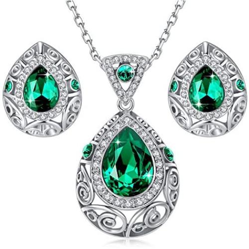 Leafael [Presented by Miss New York] Teardrop Filigree Vintage Style Jewelry Set Earrings Pendant Necklace Made with Premium Crystals, Silver-Tone, 18'' + 2'', Nickel/Lead Box