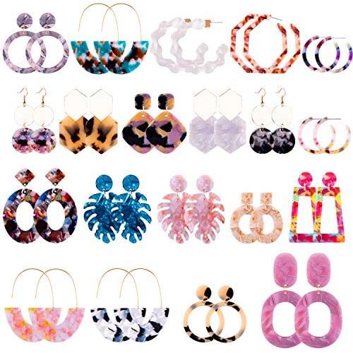Duufin 20 Pairs Acrylic Earrings Statement Earrings Resin Drop Dangle Mottled Acrylic Hoop Earrings Polygonal Bohemian Earrings Fashion Jewelry Earrings for Women Girls