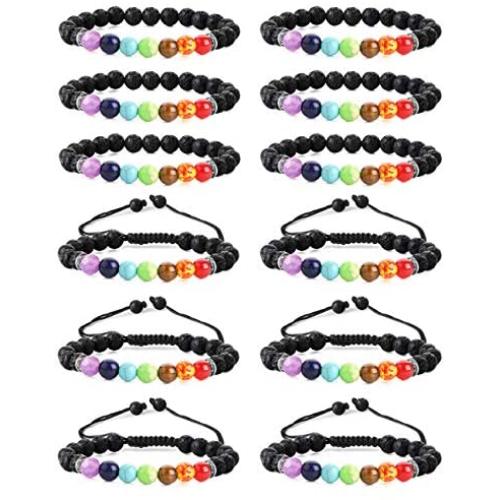 Jstyle 12Pcs Lava Bead Bracelet for Women Men Essential Oil Beads Chakra Yoga Bracelets Set