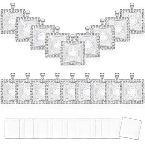 36 Pieces Pendant Trays Set, Including 18 Pieces Rhinestone Bezel Pendant Trays Square Shape Pendants with 18 Pieces Glass Square Cabochons for DIY Jewelry Pendant, Silver