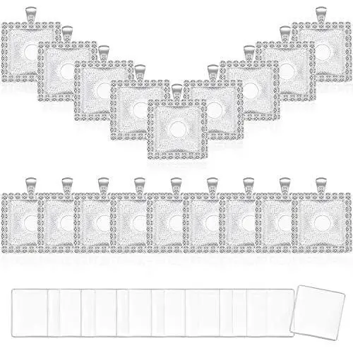 36 Pieces Pendant Trays Set, Including 18 Pieces Rhinestone Bezel Pendant Trays Square Shape Pendants with 18 Pieces Glass Square Cabochons for DIY Jewelry Pendant, Silver