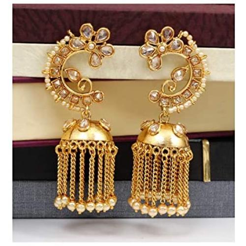 SANARA Indian Bollywood Ethnic Gold Tone Party wear Polki Jhumka/Jhumki Earrings Ethnic Crystal Stone Jewelry