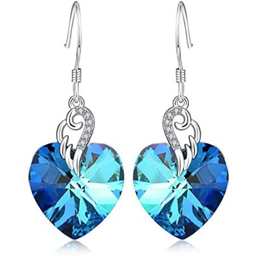 AOBOCO Sterling Silver Love Heart Dangle Drop Earrings with Swarovski Crystals Fine Jewelry Gift for Women Girls