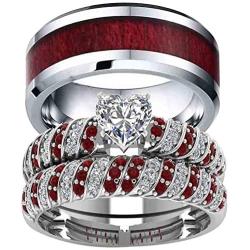 ringheart 2 Rings Couple Rings White Gold Filled Heart Cut Cz Red Rhinestone Womens Wedding Ring Sets Stainless Steel Man Ring Band