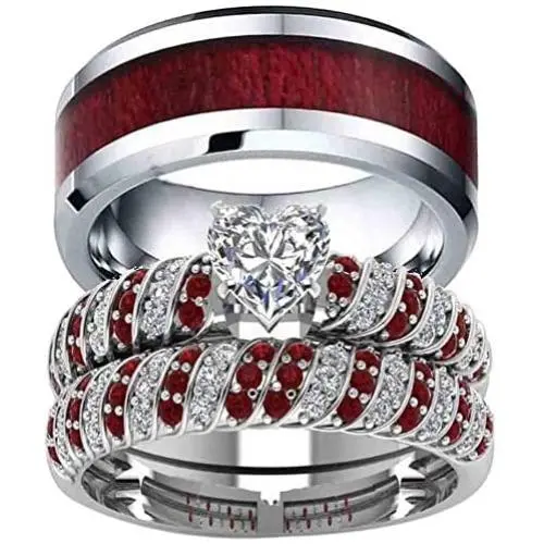 ringheart 2 Rings Couple Rings White Gold Filled Heart Cut Cz Red Rhinestone Womens Wedding Ring Sets Stainless Steel Man Ring Band ringheart 2 Rings Couple Rings White Gold Filled Heart Cut Cz Red Rhinestone Womens Wedding Ring Sets Stainless Steel Man Ring Band