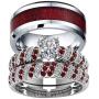ringheart 2 Rings Couple Rings White Gold Filled Heart Cut Cz Red Rhinestone Womens Wedding Ring Sets Stainless Steel Man Ring Band