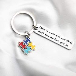 FUSTMW Autism Awareness Keychain Gift Puzzle Piece Charm Autism Mom Inspirational Gift for Autistic Teen There is a Crack in Everything That is How The Light gets in