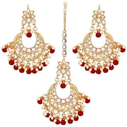 Aheli Faux Kundan Studded Wedding Party Jhumka Jhumki Earrings Maang Tikka Indian Bollywood Fashion Jewelry Set for Women