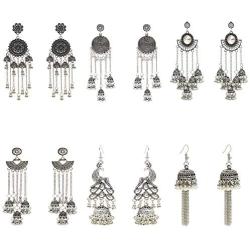 6 Pairs/Set Indian Jhumka Jhumki Ethnic Dangle Earring Sets for Women Vintage Silver Gold Long Tassel Bell Drop Earrings Boho Jewelry