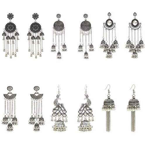 6 Pairs/Set Indian Jhumka Jhumki Ethnic Dangle Earring Sets for Women Vintage Silver Gold Long Tassel Bell Drop Earrings Boho Jewelry