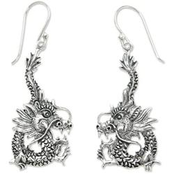NOVICA Sterling Silver Dragon Dangle Earrings Dragon Splendor