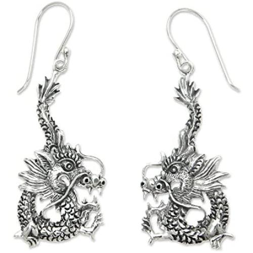 NOVICA Sterling Silver Dragon Dangle Earrings Dragon Splendor