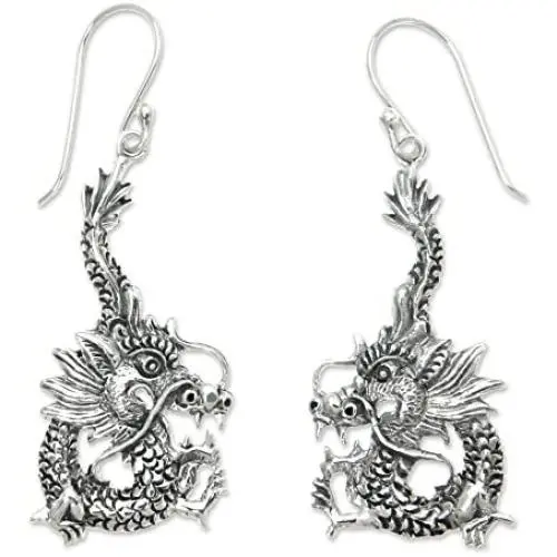 NOVICA Sterling Silver Dragon Dangle Earrings Dragon Splendor