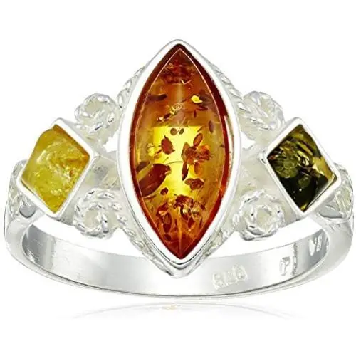 Multicolor Amber Sterling Silver Marquise-Shaped Ring Multicolor Amber Sterling Silver Marquise-Shaped Ring