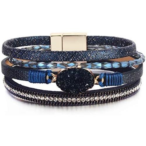 FANCY SHINY Leather Wrap Bracelet Boho Cuff Bracelets Crystal Bead Bracelet with Magnetic Clasp Jewelry Gifts for Women Teen Girls