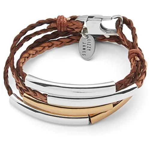 Lizzy James Mini Addison Braided Leather Wrap Bracelet Gold Silver in Natural Antique Brown Leather