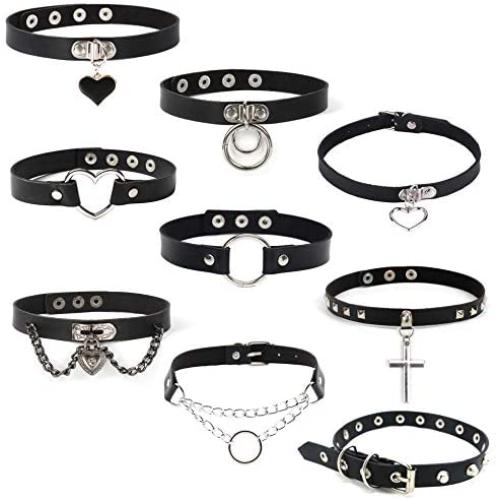 Jewdreamer 9 Pcs PU Leather Punk Choker Necklace Gothic Collar Choker Leather Rivets Spiked Choker for Women Adjustable
