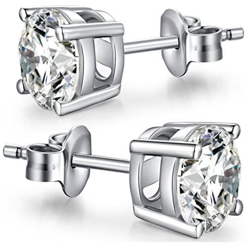 Han han Platinum Plated Men Stud Earrings CZ Diamond Earrings 925 Sterling Silver Stud Earrings for Women Cubic Zirconia Earrings Hypoallergenic Post Earrings for Unisex 2 Carats